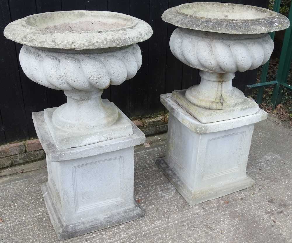 A pair of large simulated stone garden planters, each of fluted design, on a pedestal base (2) 72d x - Image 3 of 5