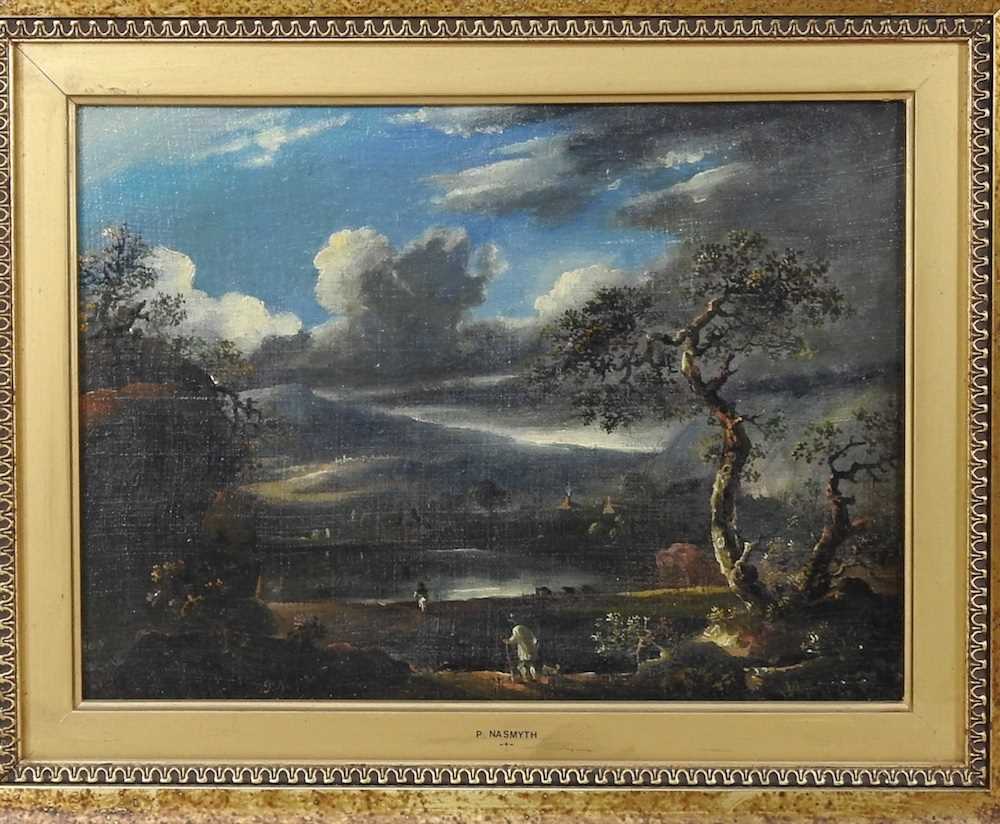 After P Nasmyth, 19th century, landscape with figures, oil on board, 22 x 30cm - Image 3 of 7