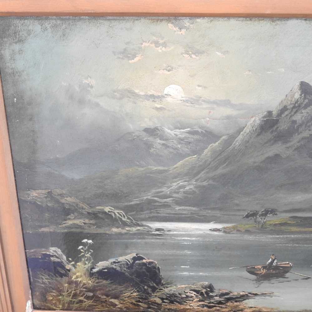 G Lesly, 19th century, moonlight mountain landscape with rowing boat, signed oil on canvas, 39 x - Image 2 of 7