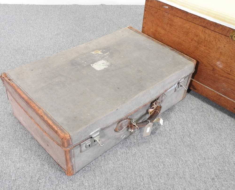 An early 20th century suitcase, together with a Victorian ottoman, with a padded top (2) - Image 3 of 5