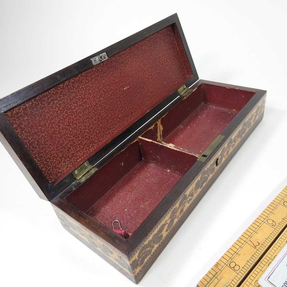 A 19th century Tunbridgeware games box, 26cm wide, together with an early 20th century walnut and - Image 2 of 7