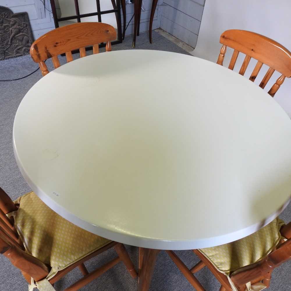 A 1970's Formwood Ltd circular dining table, 109cm diameter, together with a set of four stained - Image 3 of 8