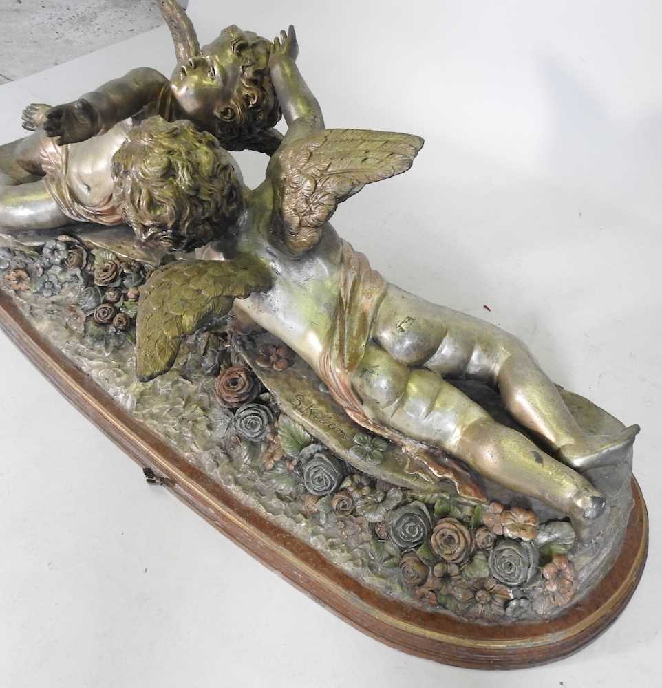 S. Keliam, 20th century, a large bronze sculpture of two cherubs, on a plinth base, signed, 135cm - Image 5 of 7
