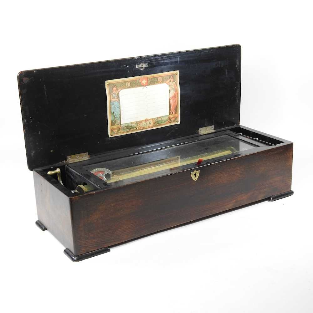 A 19th century Swiss musical box, playing twelve airs, in an inlaid rosewood case 62w x 24d x 16h