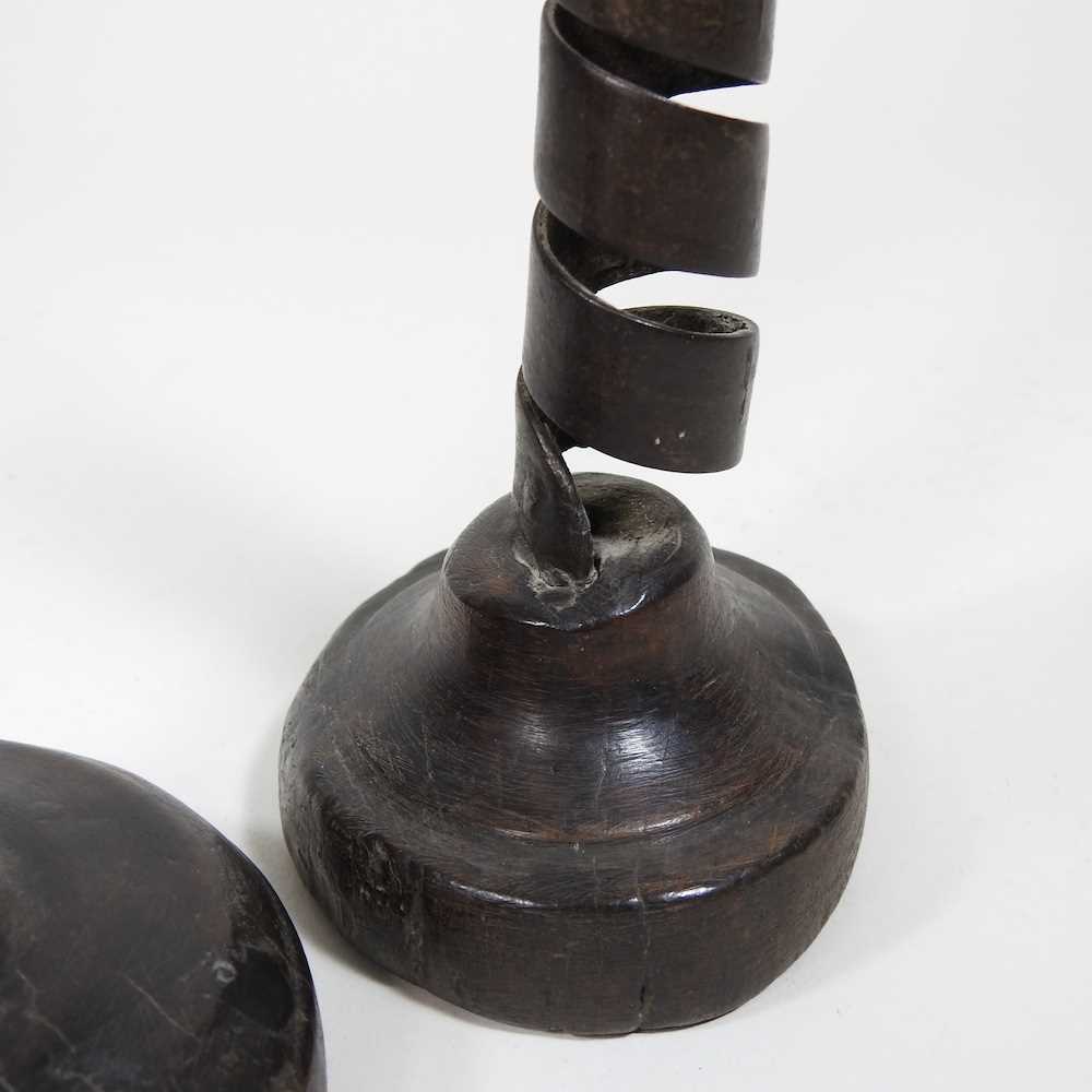 An 18th century French iron Rat de Caves spirally turned candlestick, on a wooden base, 21cm high, - Image 5 of 7