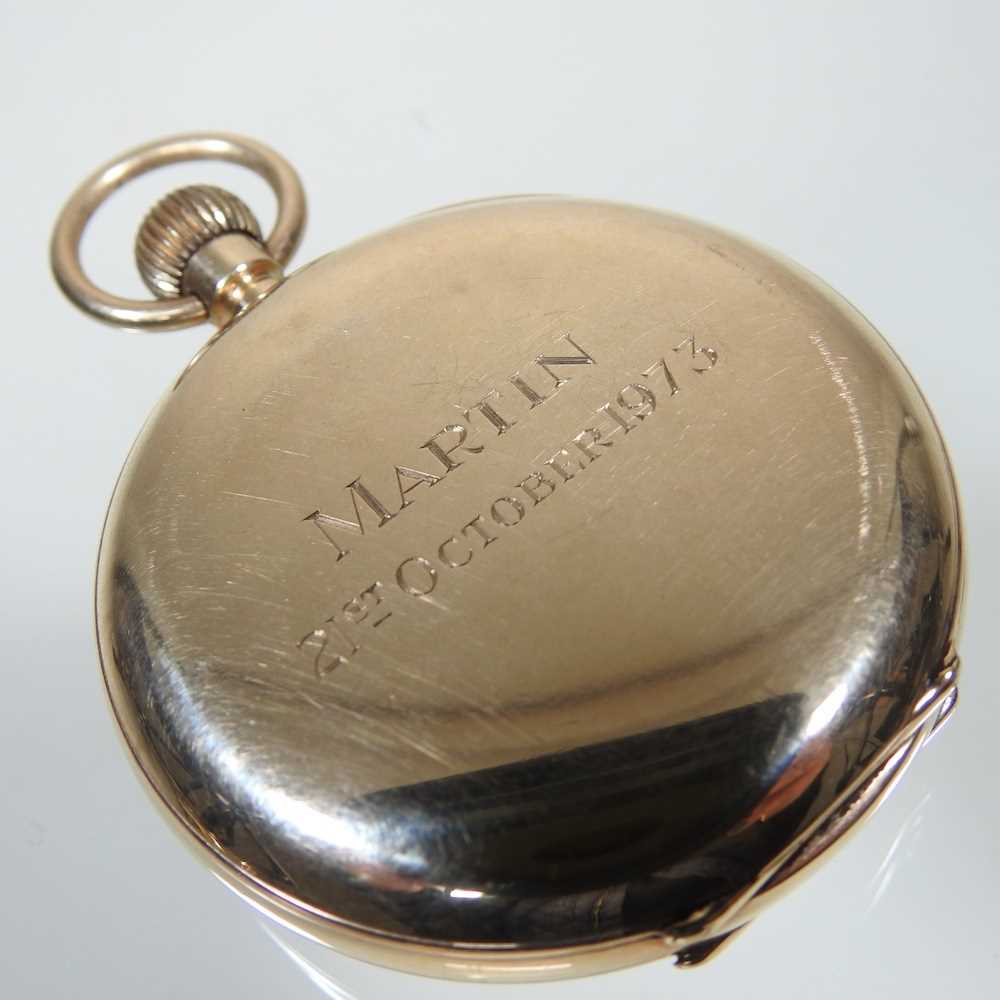 A 9 carat gold cased half hunter pocket watch, with a white enamel dial, signed Jays Oxford - Image 2 of 7