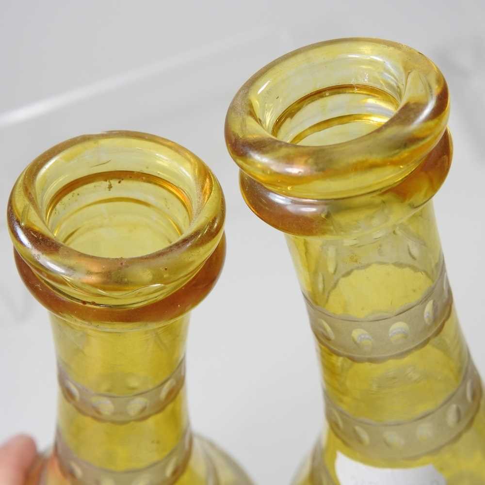 A pair of 19th century yellow overlaid glass wine bottles, each etched with hops, having a silver - Image 10 of 10
