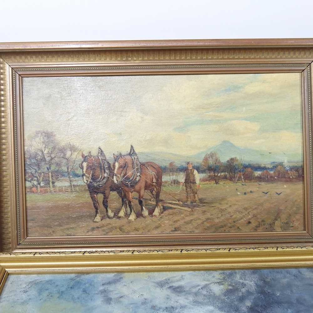 Thomson Laing, act.1890-1904, horses ploughing, signed oil on panel, 19 x 33cm, together with D - Image 3 of 11