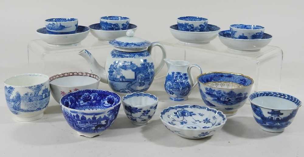 An 18th century Staffordshire pearlware blue and white child's part teaset, decorated in the - Image 3 of 4