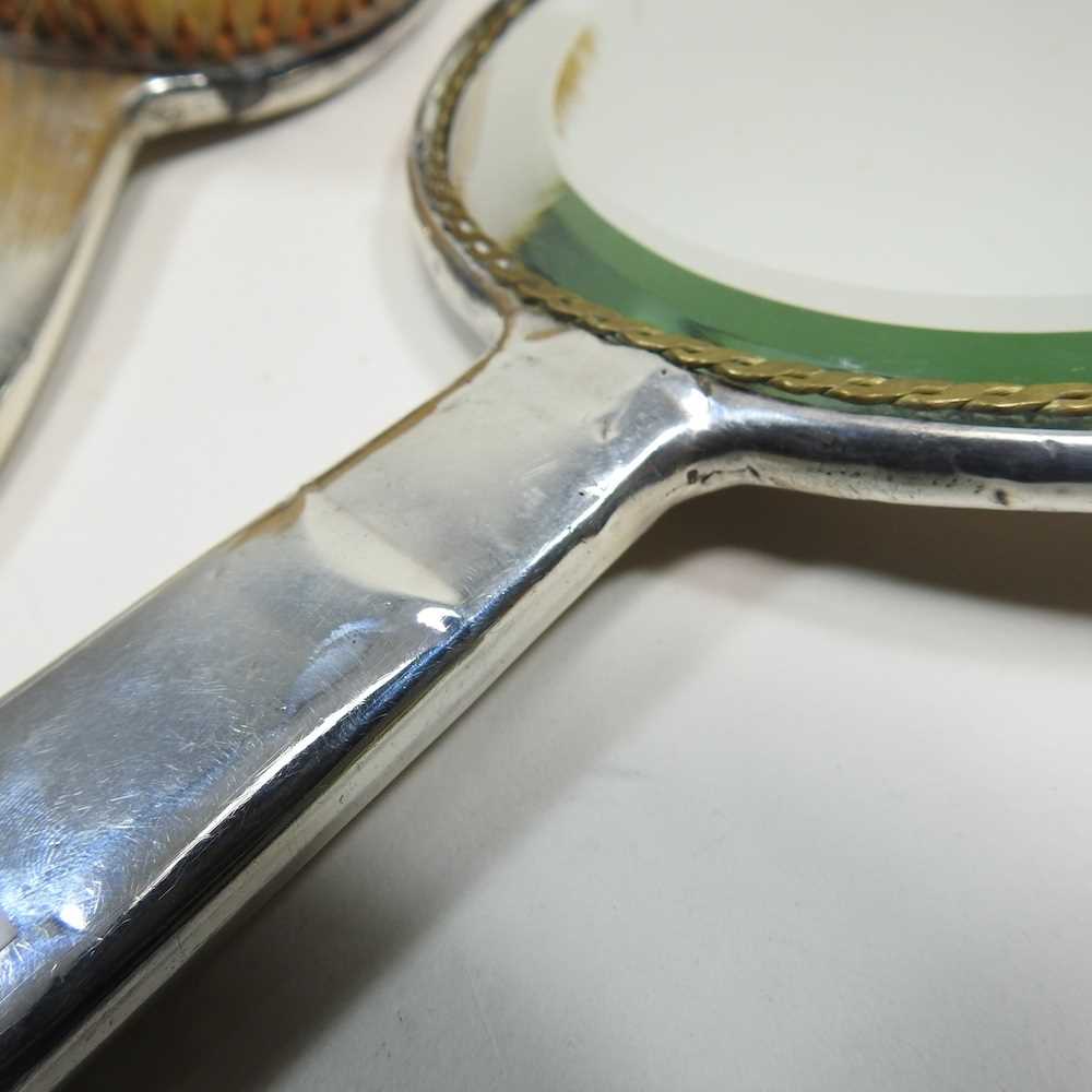 An Edwardian silver hand mirror, 28cm long and brush, 24cm long, each inset with a Ruskin style - Image 14 of 14