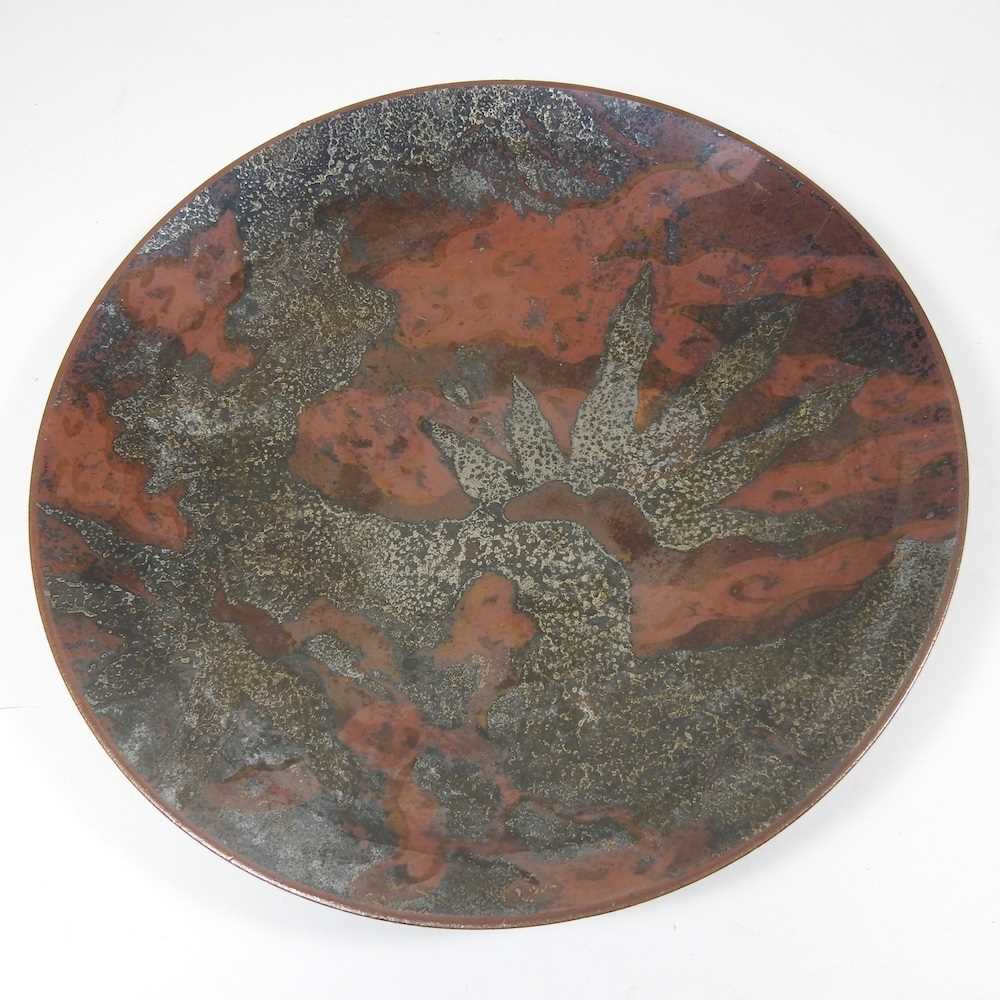 An early 20th century WMF Ikora enamelled bronze dish, impressed marks to base, 25cm diameter - Image 3 of 5