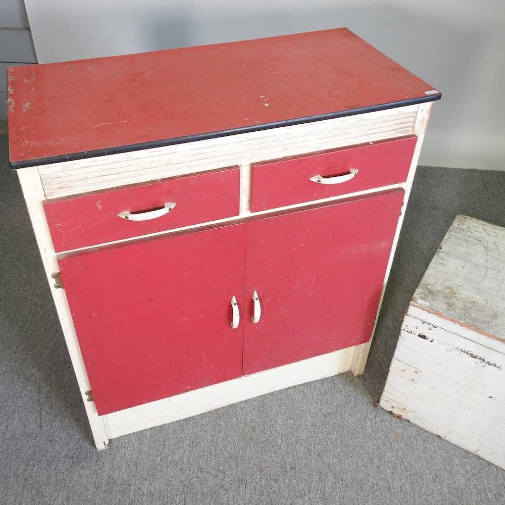 A 1950's painted kitchen cabinet, together with a painted hardwood trunk (2) - Image 3 of 6