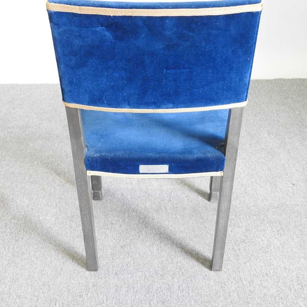 A Queen Elizabeth II limed oak Silver Jubilee peer's chair, upholstered in blue velvet, the plaque - Image 3 of 4