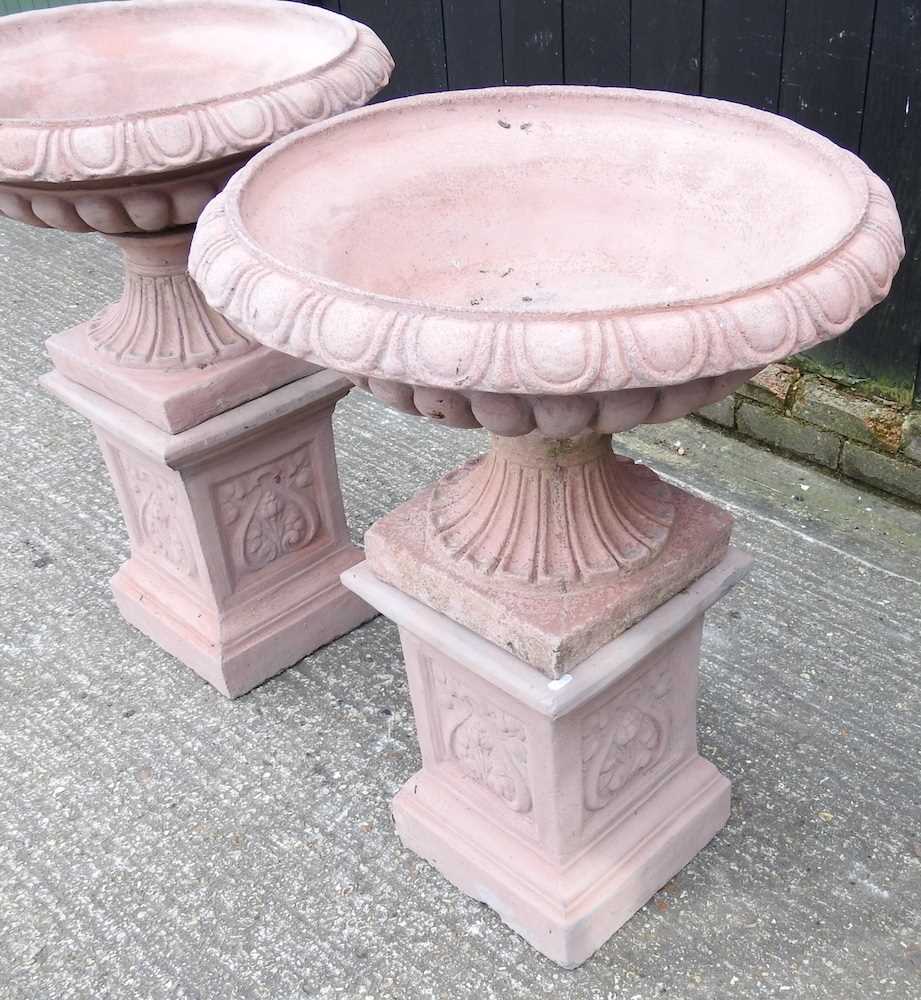 A pair of terracotta style garden urns, on stands, 83cm high (2) 62cm wide - Image 3 of 4