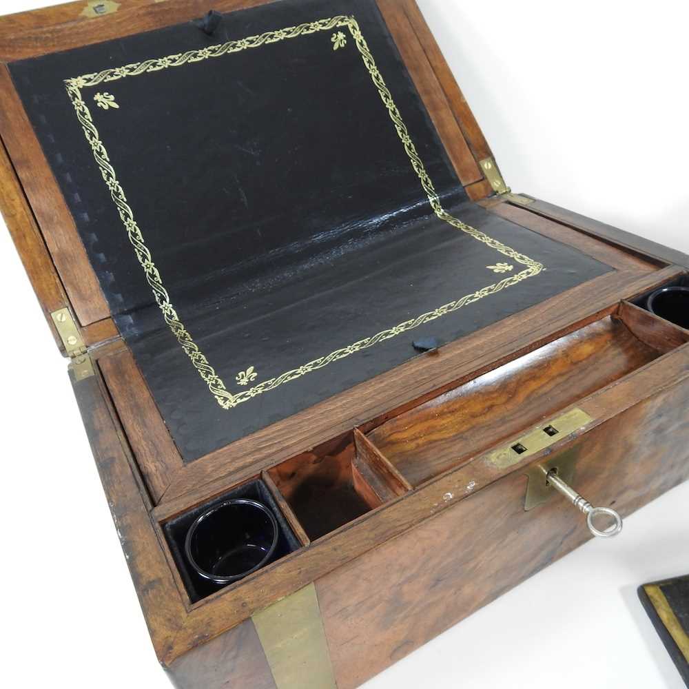 A Victorian walnut and brass bound writing slope, with a fitted interior, together with a - Image 4 of 4