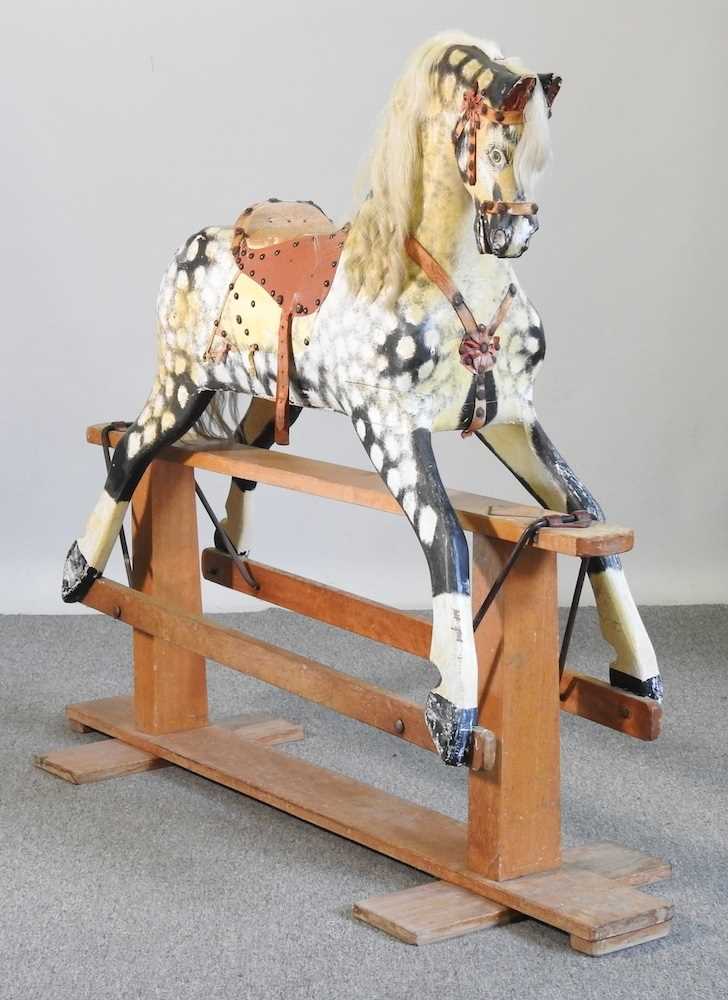 An early to mid 20th century painted wooden dappled grey rocking horse, on a wooden trestle base - Image 2 of 7