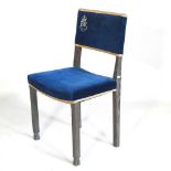 A Queen Elizabeth II limed oak Silver Jubilee peer's chair, upholstered in blue velvet, the plaque