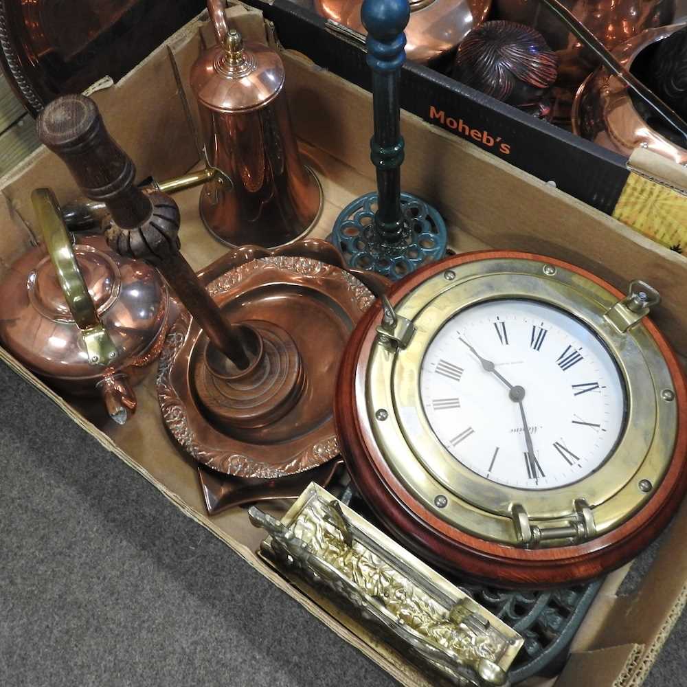 A collection of copper, to include a ship's porthole clock, 29cm diameter, a chestnut roaster and - Image 3 of 4