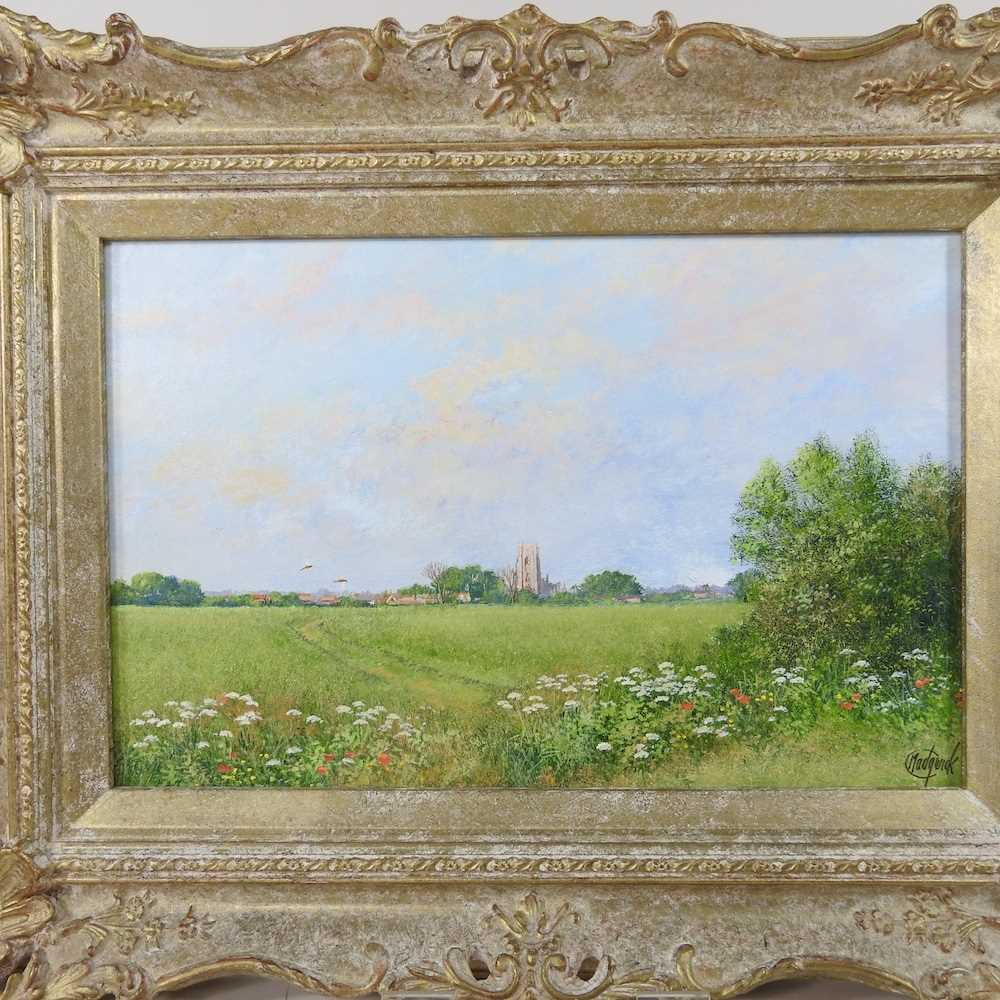 Clive Madgwick, RBA, 1934-2005, landscape with Lavenham Church in the distance, signed oil on board, - Image 5 of 7