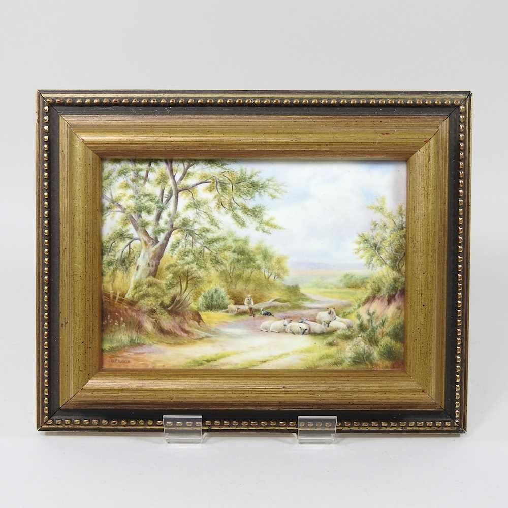 A Royal Worcester porcelain plaque, mid 20th century, painted with a landscape, signed David J