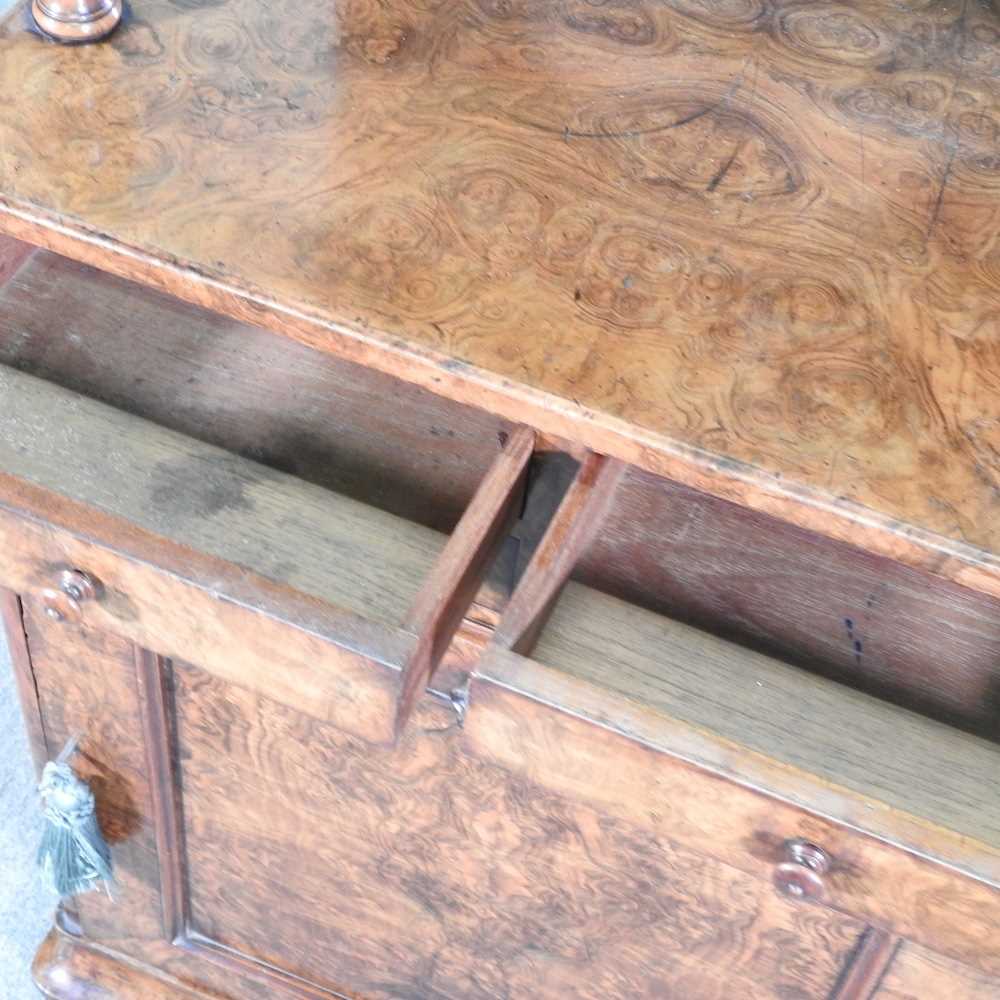 A good Victorian burr walnut mirror back music cabinet, with a fret carved gallery, above four short - Image 3 of 6