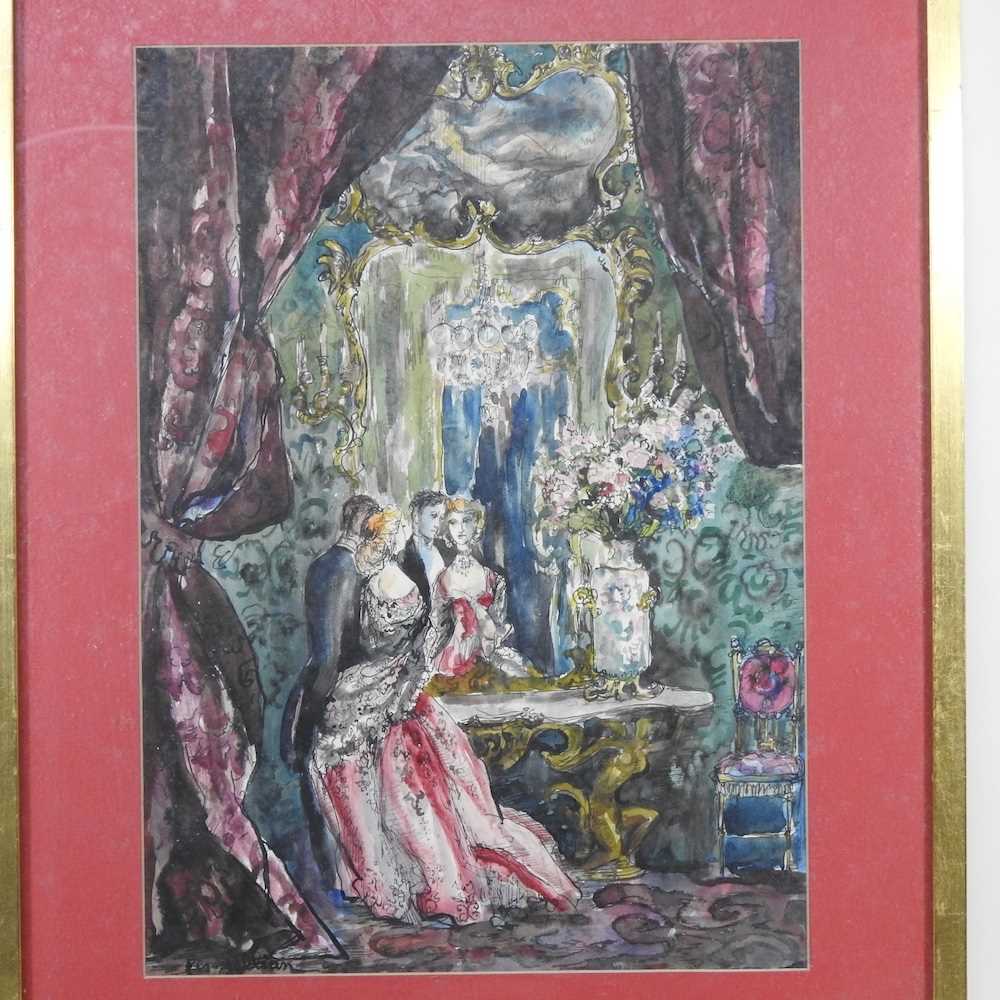 Philippe Jullian, 1919-1977, interior scene with a lady and gentleman, signed ink and watercolour, - Image 3 of 5