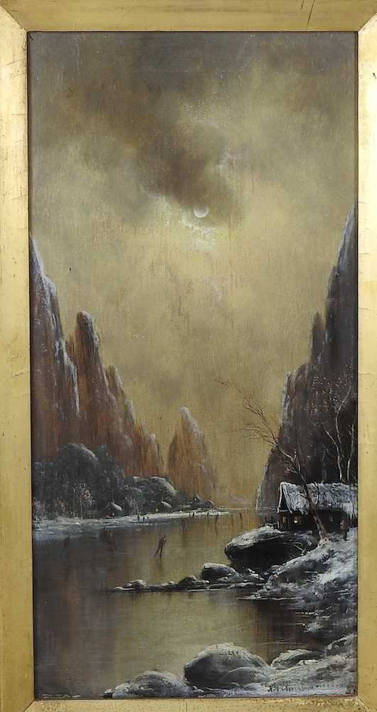 Niels Hans Christiansen, 1850-1922, snowy landscape with ice skaters, signed oil on canvas, 40 x - Image 3 of 7