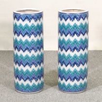 A pair of blue and white stick stands, with zig zag decoration, 60cm high (2)