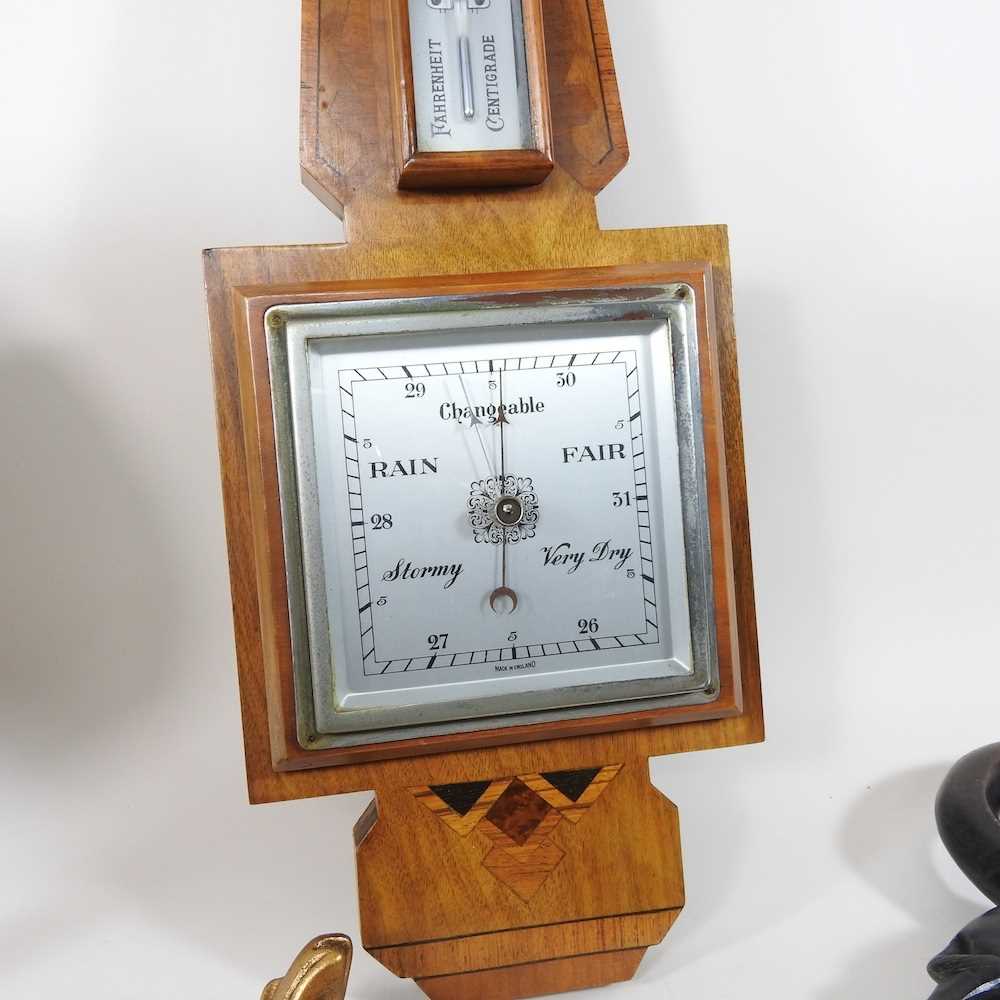 An early 20th century walnut cased barometer, 54cm high, together with a Tiffany style table lamp, - Image 4 of 10