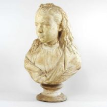 A painted plaster life-sized portrait bust of Alice, on a socle base, 55cm high