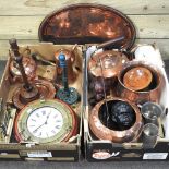 A collection of copper, to include a ship's porthole clock, 29cm diameter, a chestnut roaster and