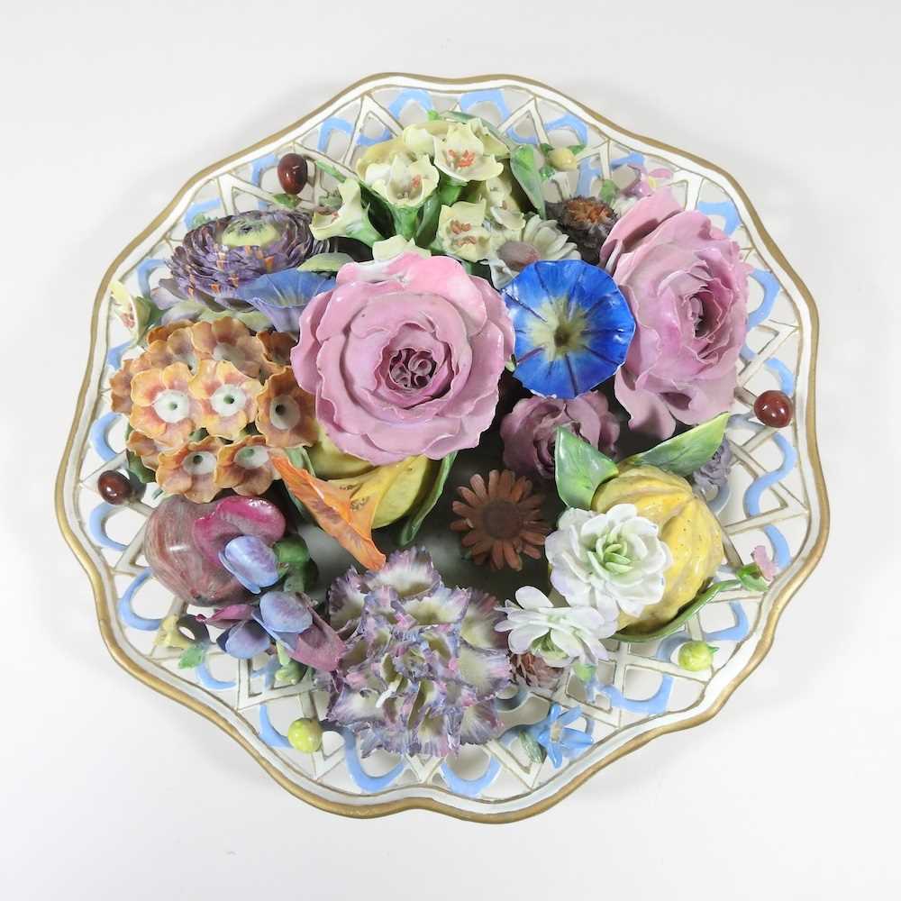 A 19th century Meissen porcelain trompe l'oeil plate, decorated with coloured flowers, within a - Image 4 of 9