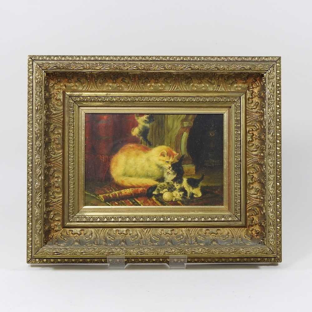 English school, 20th century, cat and kittens, oil on panel, 14 x 18cm