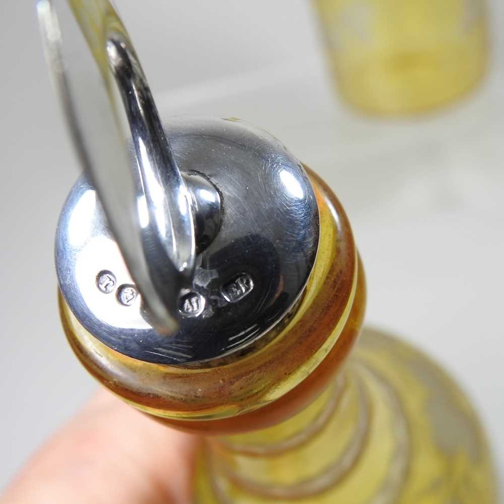 A pair of 19th century yellow overlaid glass wine bottles, each etched with hops, having a silver - Image 8 of 10