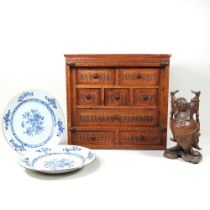 A Chinese carved collector's chest, 37cm wide, together with a pair of 18th century Chinese