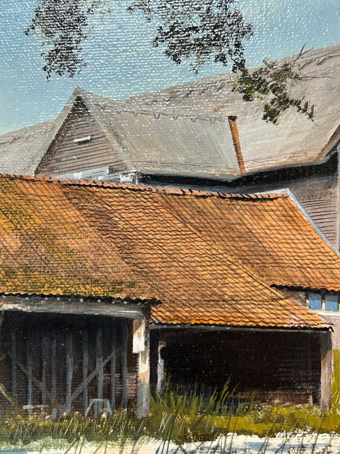 ARR Clive Madgwick, RBA, 1934-2005, Suffolk Barn, signed oil on canvas, 25 x 31cm, bearing a label - Image 3 of 4