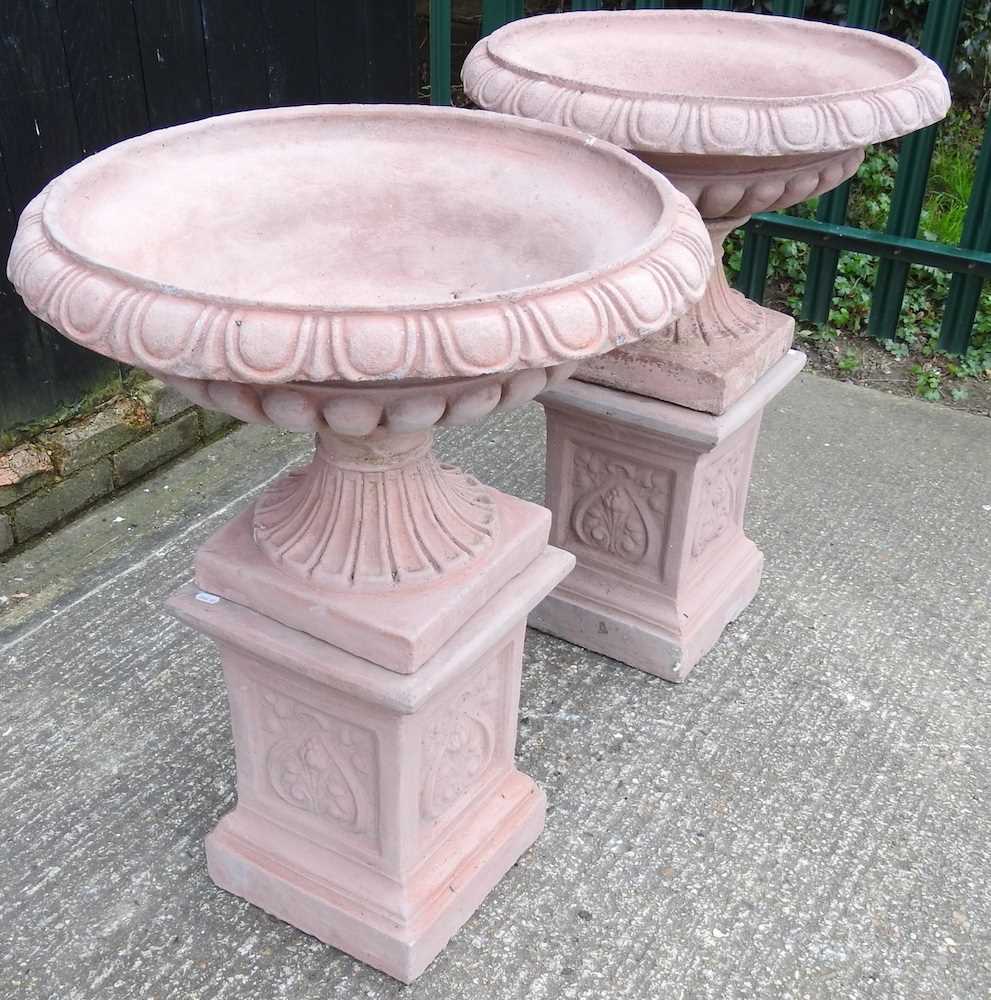 A pair of terracotta style garden urns, on stands, 83cm high (2) 62cm wide - Image 4 of 4