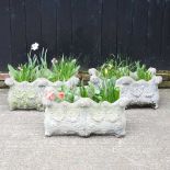 A set of three cast stone garden troughs, 65cm wide (3) 66w x 36d x32h cm