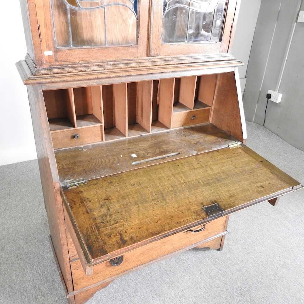 An early 20th century oak bureau bookcase, with stained leaded glass 92w x 41d x 206h cm - Image 3 of 8