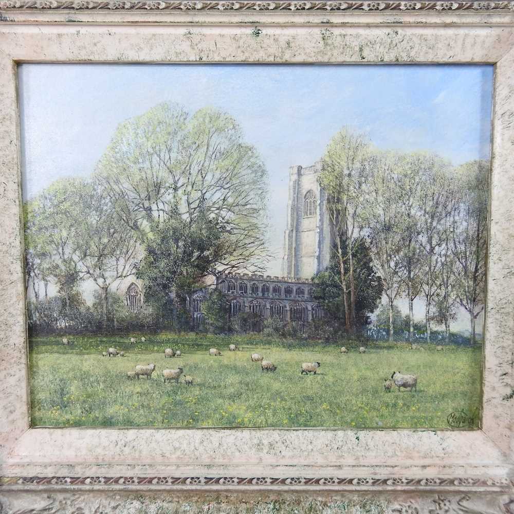 Clive Madgwick, RBA, 1934-2005, Lavenham Church, with sheep in the foreground, signed oil on - Image 6 of 6