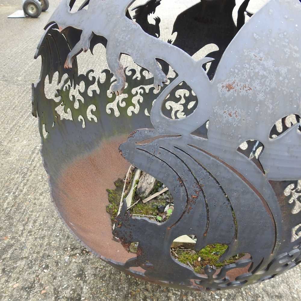 A hand made steel globe firepit, decorated with dragons, on stand, 102cm high - Image 6 of 8