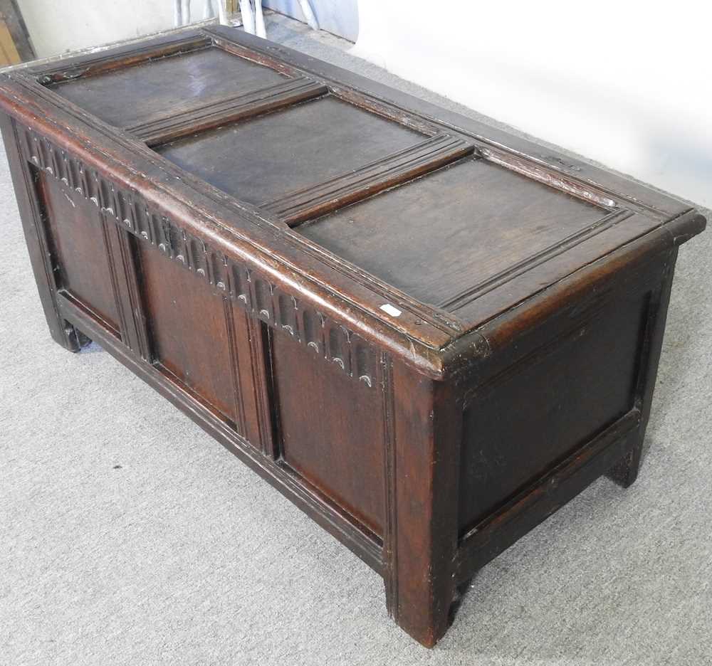 An 18th century panelled oak coffer, of small proportions, with thumb nail decoration 108w x 48d x - Image 3 of 5