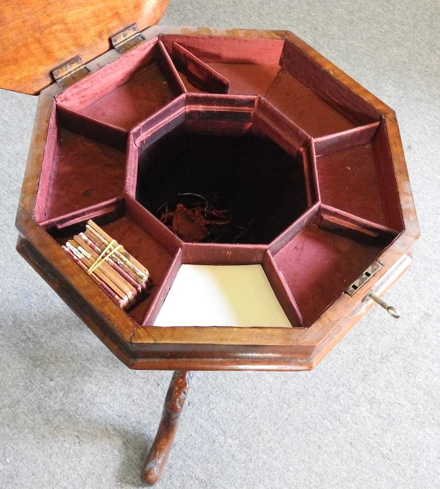 A Victorian burr walnut trumpet shaped workbox, with a fitted interior, on a tripod base, 42cm wide - Image 5 of 5