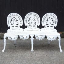 A white painted triple chair back metal garden seat, 136cm wide 133w x 56d x 84h cm Overall