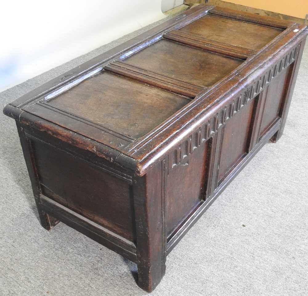 An 18th century panelled oak coffer, of small proportions, with thumb nail decoration 108w x 48d x - Image 4 of 5