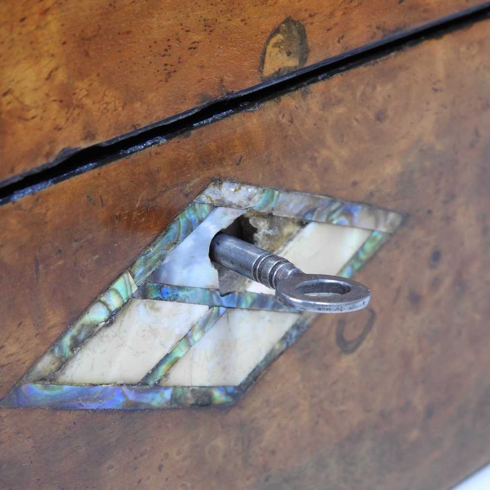 A Victorian tunbridge decorated walnut writing slope, with a fitted interior, 35cm wide - Image 5 of 7