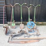 A bench pillar drill, together with another, a Terrex spade, three others, various tools and a loom