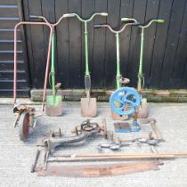 A bench pillar drill, together with another, a Terrex spade, three others, various tools and a loom