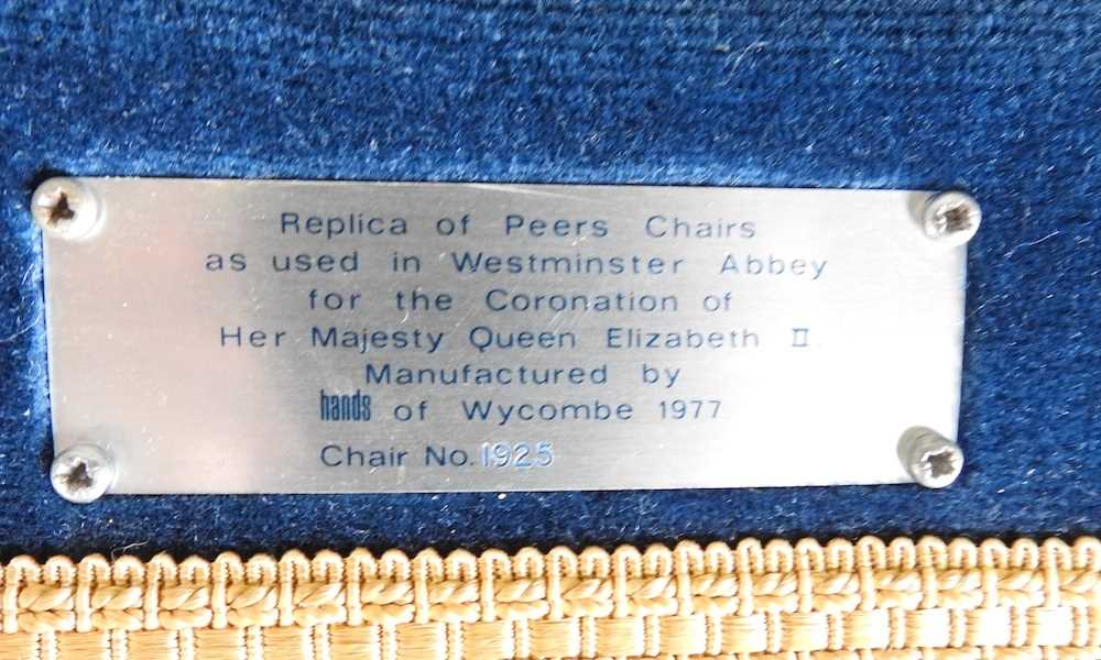 A Queen Elizabeth II limed oak Silver Jubilee peer's chair, upholstered in blue velvet, the plaque - Image 2 of 4
