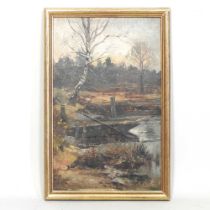 English school, early 20th century, a wooded river landscape, oil on board, 37 x 23cm